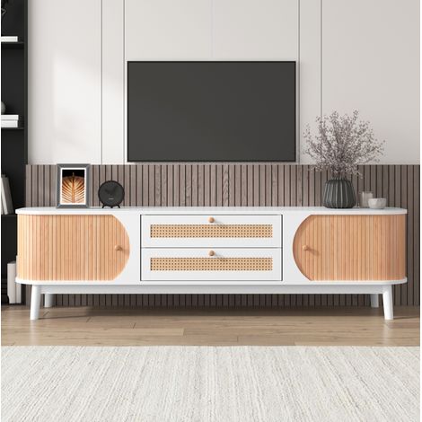 Meuble TV 170x39.5x46 cm blanc en MDF avec portes et tiroirs en rotin et rangement (1/5)