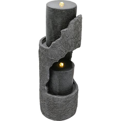 Fontaine Jardin Gris avec LED – Pierre Artificielle, Pompe à Eau Incluse, Bassin Décoratif, Pour Terrasse/Jardin/Balcon