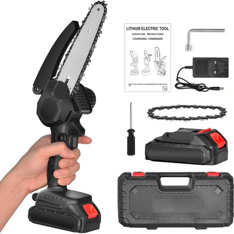 Mini Tronçonneuse à Batterie 6 Pouces, Tronçonneuse Électrique avec 2 Batteries, Tronçonneuse Électrique Sans Fil, 2 Chaînes, 5m/s Tronçonneuse à Main pour la Coupe du Bois, l'élagage le Jardin (1/5)