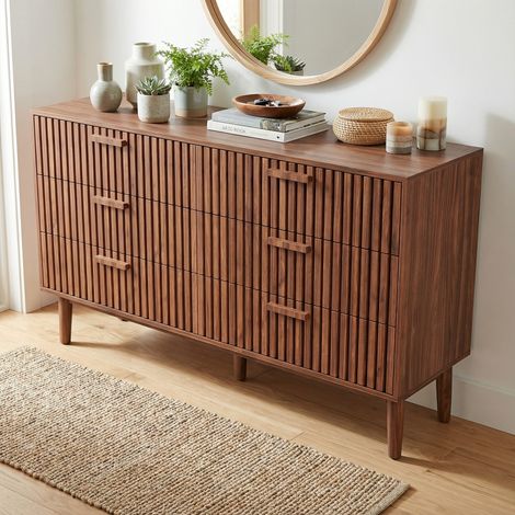 Cassettiera 100, 6 cassetti, madia 100, cassettiera per camera da letto, design a doghe verticali, mobile contenitore per soggiorno/cucina/sala da pranzo, scandinavo(100x34x73cm, colore noce)