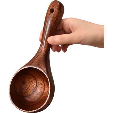 Lot de 2 louches à soupe en bois de jujubier avec long manche dimensions 22 x 9 cm pour servir soupes bouillies porridge et autres préparations couleur brun foncé (1/5)