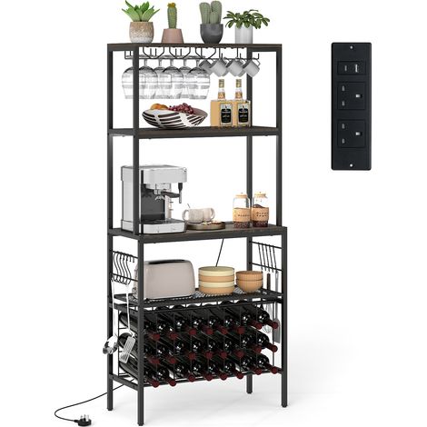 COSTWAY Wine Organizer Bar Multi-Tier Bakers Rack with Power Outlet-Grey (1/5)