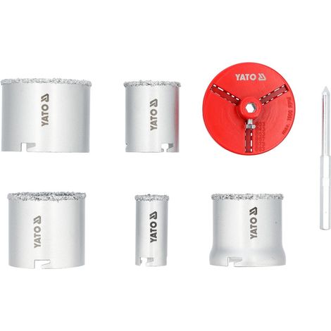 Wolfram Lochsägen Set 33–83 mm, 7-teilig, Hartmetall Lochkreissäge YG8, mit Zentrierbohrer & Montageplatte, für Mauerwerk, Beton, Keramik, Porenbeton, im Transportkoffer (1/5)