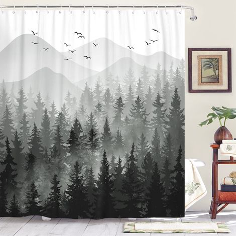 Ride De Douche - Polyester Imperméable - Motif Forêt Brumeuse Noir Et Gris Ombré - 72 x 72 Pouces - 1 Pièce (1/5)