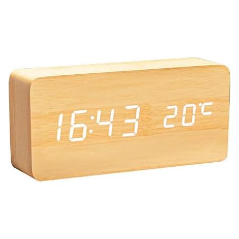 LED Digital Alarm Clock Artificial Wood Alarm Clock with Time, Temperature, Date Display, Voice Control AC11