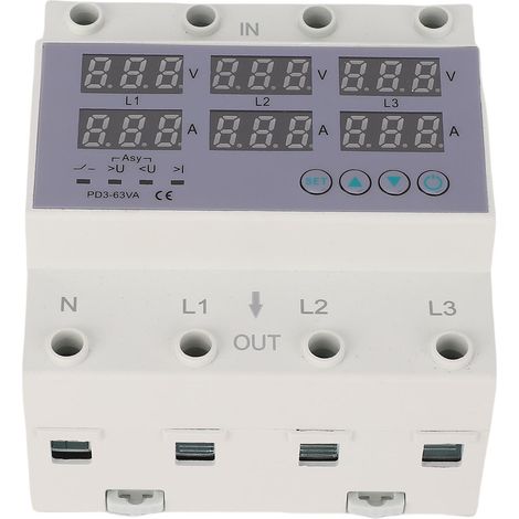 Voltmètre-ampèremètre triphasé sur rail DIN avec protection automatique contre les surtensions et les surintensités (230-300 V CA) (1/5)