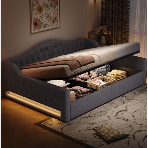 Lit banquette 140 x 200 cm capitonné en MDF gris avec LED et grand rangement, style gain de place (1/5)