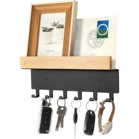 Portachiavi da parete, portachiavi da parete in acciaio inossidabile e bambù, supporto appendi chiavi da parete per ingresso cucina (nero, 6 ganci 26cm) (1/5)