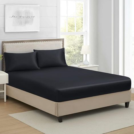 Drap Housse 140x190cm Satin Noir Bonnet 30 cm Microfibre Motif Drap de lit Soie Drap-Housse 140 x 190cm Uni Lisse Respirant pour Matelas Épais (1/5)
