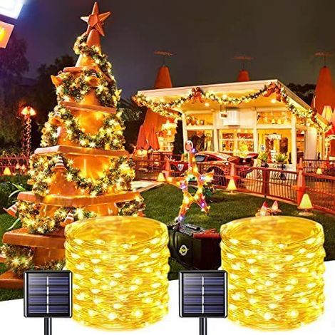 Solar-Lichterkette, 2er-Pack, 22 m, 100 Lichter, 8 Modi, wasserdichte Solar-Lichterkette für die weihnachtliche Außendekoration (warmes Licht)
