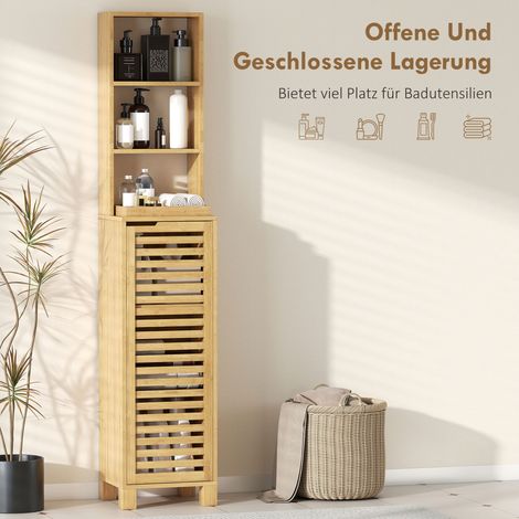 Armoire étroite de salle de bains, meuble haut avec 3 étagères ouvertes ajustables, porte à claire-voie, 34 x 30 x 170 cm, finition bois naturel (1/4)