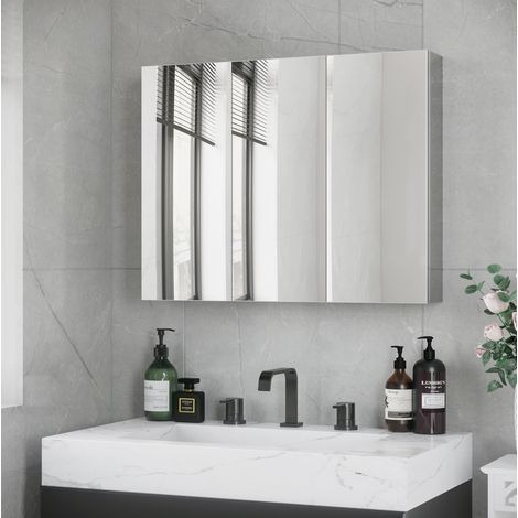 Mueble de baño con espejo de 3 puertas, 5 estantes, acero inoxidable, plata HAVRYA (1/5)