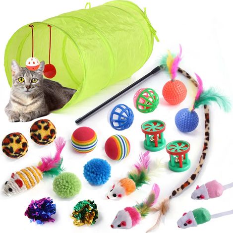 Set mit 21 Katzenspielzeugen, inklusive grünem Tunnel und Glöckchen – ein komplettes Sortiment für Spiel und Unterhaltung Ihrer Katze. (1/4)