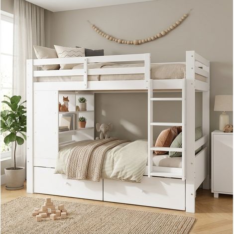 Letto a castello per bambini 90x200 cm bianco con 2 cassetti, ripiano e scala DESVIAE