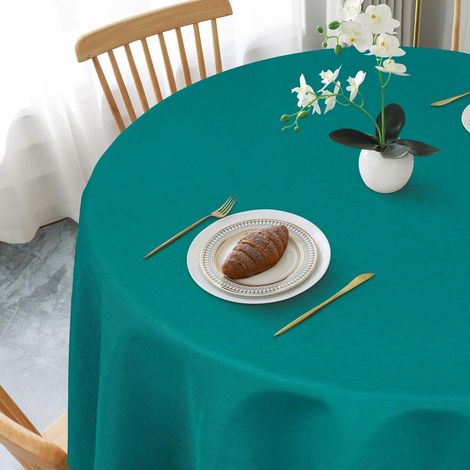 Nappe ronde bleu-vert aspect lin lavable déperlante 120 cm