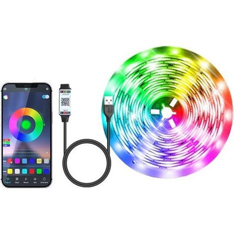 Ruban LED 20m Bluetooth RGB 5V USB avec télécommande 24 touches, bande lumineuse connectée pour TV, éclairage d'ambiance multicolore (1/4)