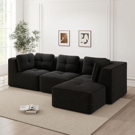 Pour le salon, détente modulable avec canapé d'angle en velours côtelé noir, ottomane et assise profonde (1/5)