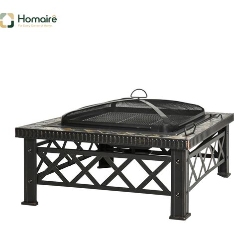 HOMAIRE Feuerschale 3 en 1 avec protection anti-étincelles, grille de barbecue et bac à glace pour jardin, noir