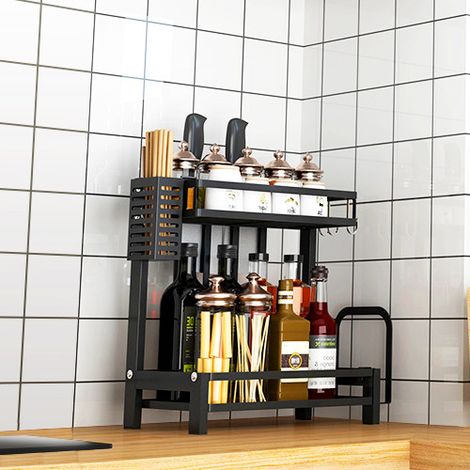 Wyctin – Étagère à épices 2 niveaux en acier inoxydable 201 – Dimensions 34x21x41.7cm – Rangement multifonctionnel pour cuisine – Couleur noire (1/5)