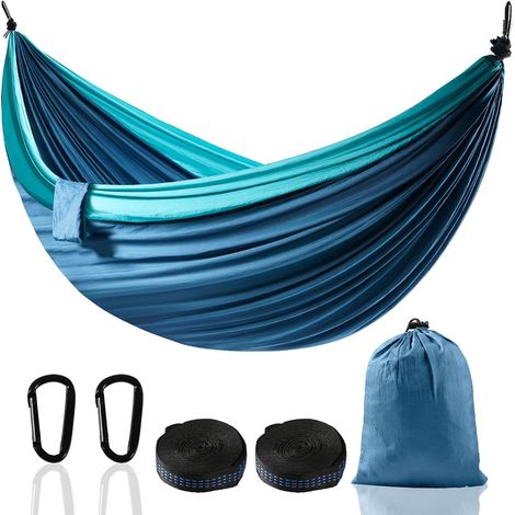 XXL 2-Personen-Hängematte 300 x 200 cm – Faltbar, ultraleicht und tragbar – Outdoor-Hängematte mit einer Tragkraft von 300 kg – Ideal für Garten, Camping, Reisen, Balkon und Innenräume (Blau) (1/5)