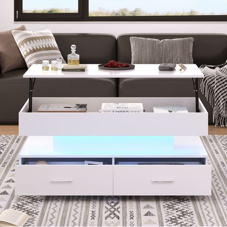 Couchtisch höhenverstellbar mit LED und 2 Schubladen Weiß OKMYHOME (1/5)