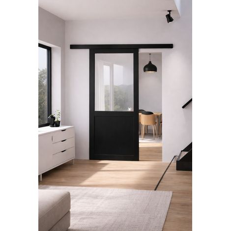Porta scorrevole nera per officina in vetro H204 x L73 senza montante + binario in alluminio Striscia nera