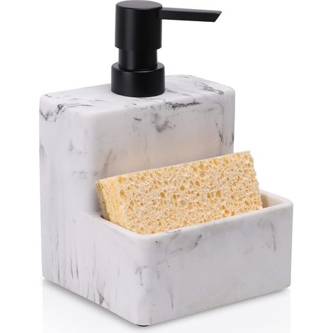Distributeur de savon liquide avec porte-éponge, aspect marbre, pompe doseuse pour mains et vaisselle, 2-en-1 pour évier de cuisine, salle de bain, plan de travail (1/5)