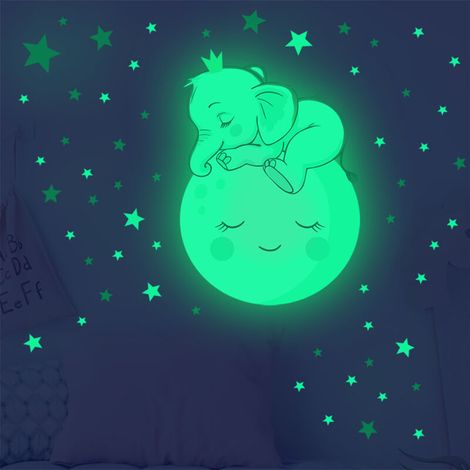 Sticker mural créatif et lumineux avec un éléphant et une lune de dessin animé