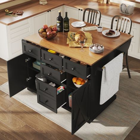 Hochwertige Kücheninsel, Multifunktionaler Servierwagen mit Holzmaserung & großem Stauraum, Mobiler Buffetschrank, Küchenwagen für Esszimmer,Wohnzimmer,Küche, schwarz (1/5)