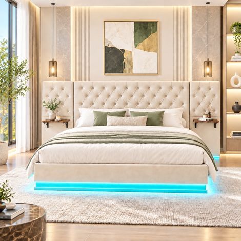 Lit coffre 140x200 cm beige avec grande tête de lit, sommier 140x200 avec rangement hydraulique, USB et sans fil, Éclairage LED
