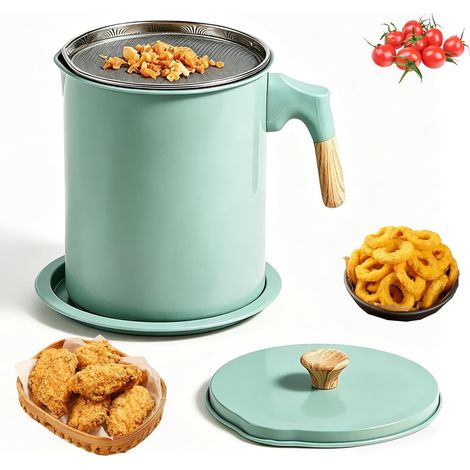 Récipient à Graisse Bacon Avec Passoire et Couvercle, 1,4L en Fer pour Filtre à Huile, Pot Stockage Graisse, Conserve D'huile Cuisson pour Stocker L'huile Friture, Graisse Cuisson(Vert) (1/5)