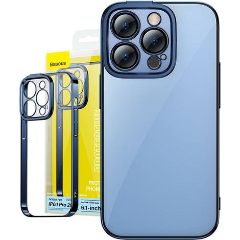 Funda transparente con purpurina Baseus y protector de pantalla de cristal templado para iPhone 14 Pro (azul) (1/5)