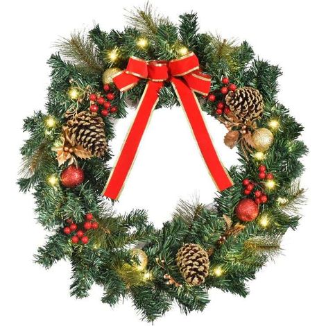Couronne de Noël artificielle lumineuse de 60 cm (20 LED) – Décorée de houx et de pommes de pin idéale pour être accrochée aux murs ou aux portes. (1/5)