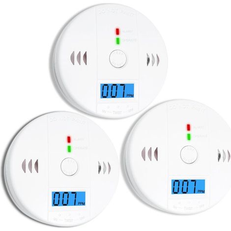 Set di 3 rilevatori di monossido di carbonio, alimentati a batteria, con schermo LCD e avviso vocale.