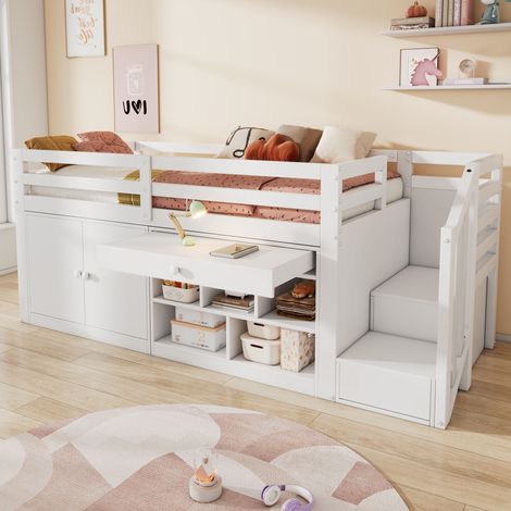 DESMIU Lit enfant 90 × 200 cm 1 place avec escalier, rangement et tiroir bureau, sans matelas, blanc (1/5)