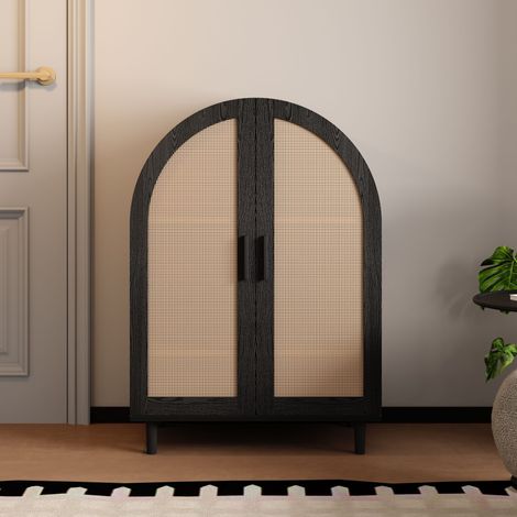 Meuble à chaussures 70x40x100 cm - 2 portes en rotin - 3 étagères - Naturel + Noir (1/5)