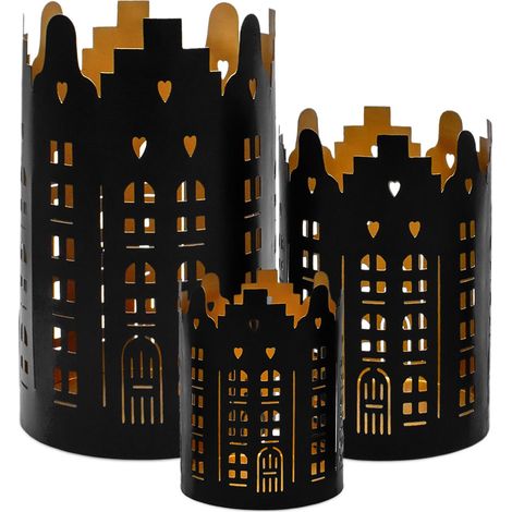 Metall Weihnachts Windlicht rund 3er Set - 20 / 15 / 10 cm  - Deko Tisch Laterne Skyline schwarz - Tisch Kerzen Laterne Halter mit Lichtspiel Weihnachten Advent Stimmungslicht