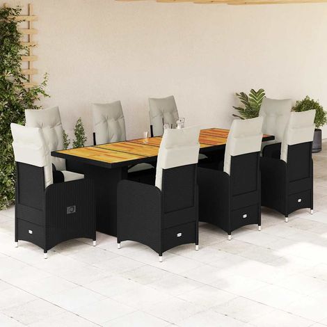 9-tlg. Garten-Bistro-Set mit Kissen Schwarz Poly Rattan (1/5)