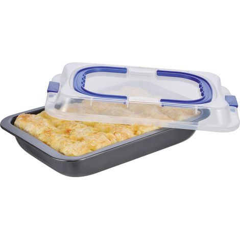 Metall Kuchenform mit Deckel und Tragegriff - 37 x 25 cm - Backform mit Kunststoff Abdeckung - Kuchen Torten Auflauf Back Form Transport Box Party Butler