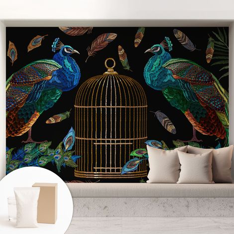 Tapete Dekorative Vliestapete mit Klebe für Wand - Mustertapete - moderne Einrichtung - für Büro Pfau-Motiv 208x146 cm (1/5)