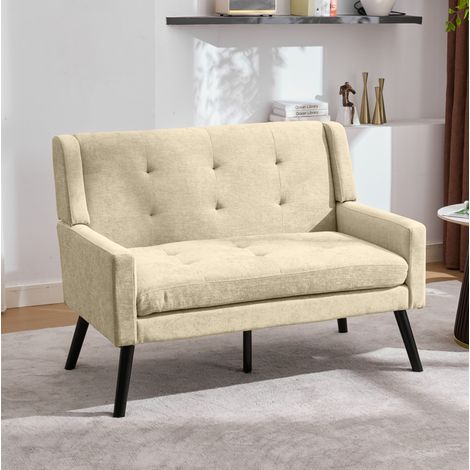 Banco de 2 plazas de lino beige con patas de madera y cojines de espuma de alta densidad (1/5)