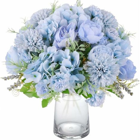 2 Pack Fake Peony Silk Hydrangea Bouquet, Decorative Artificial Chrysanthemum Peonies Flowers, Home Office Garden Wedding Party Decoration, Bride Bouquet, Floral Arrangements (Blue) (1/5)