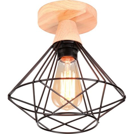 Plafonnier Industriel en Métal et Bois Design Rétro Luminaire pour Escalier Couloir Entrée Noir (1/5)