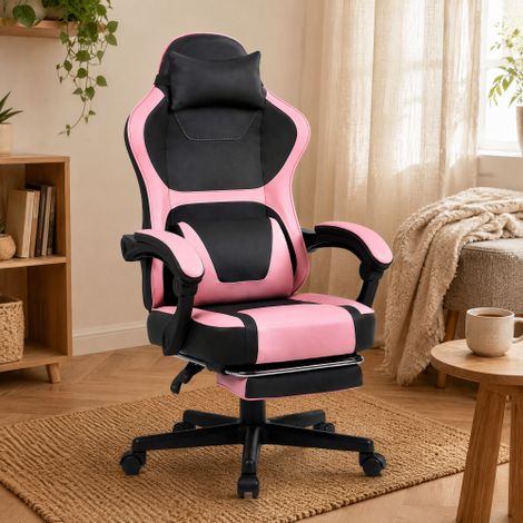 Sedia da gaming ergonomica in stile kawaii (rosa e nera) con poggiapiedi estensibile e doppio cuscino di supporto lombare: versatile per l'ufficio domestico e le pause relax. WL (1/5)