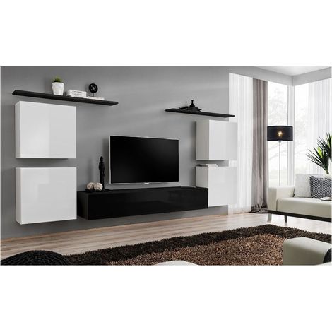 Ensemble meuble TV mural  - Switch IV - 320 cm  x 150 cm x 40 cm - Blanc et noir - Livraison gratuite