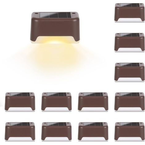 Lumières solaires pour l'extérieur, 12 lampes d'escalier, lumières LED étanches pour escaliers extérieurs, marches, clôture, cour, patio, gouttière, sentier, décoration (marron, Blanc chaud） (1/4)