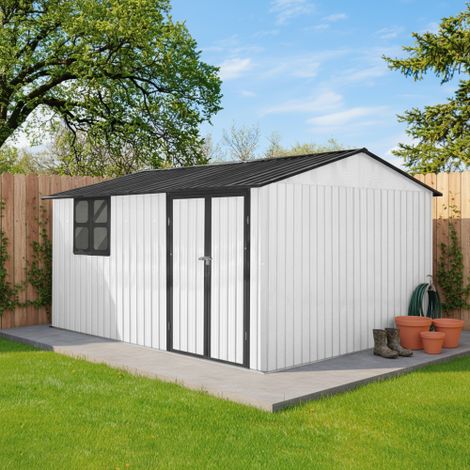 Abri de jardin métal 10m² toit double pente, cabanon de stockage extérieur avec porte battante, serrure et fenêtre, blanc et noir