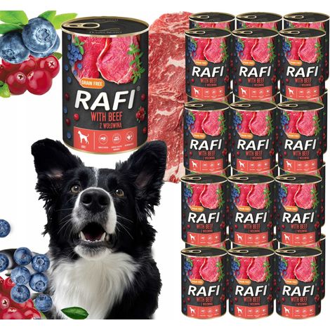 Alimento húmedo para perros RAFI con carne de res, arándanos azules y arándanos rojos 400 g - 24 unidades.