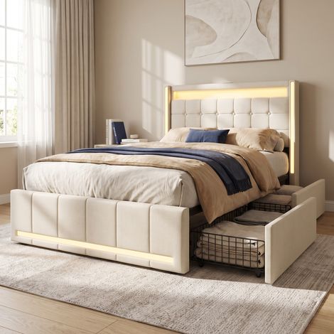 Lit avec 2 tiroirs 90x200 cm, lit adulte capitonné avec LED et ports USB, lit simple en lin, moderne, Beige (1/5)