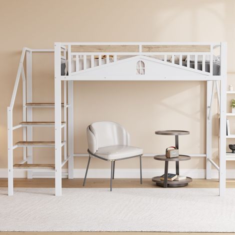 Lit mezzanine 140x200 cm blanc en métal, barrières avec fenêtre, échelle avec rangement, espace ouvert sous le lit, sommier 24 lattes inclus, charge 120 kg (1/5)